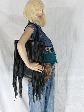 Kenneth Cole black fringe leather tote bag